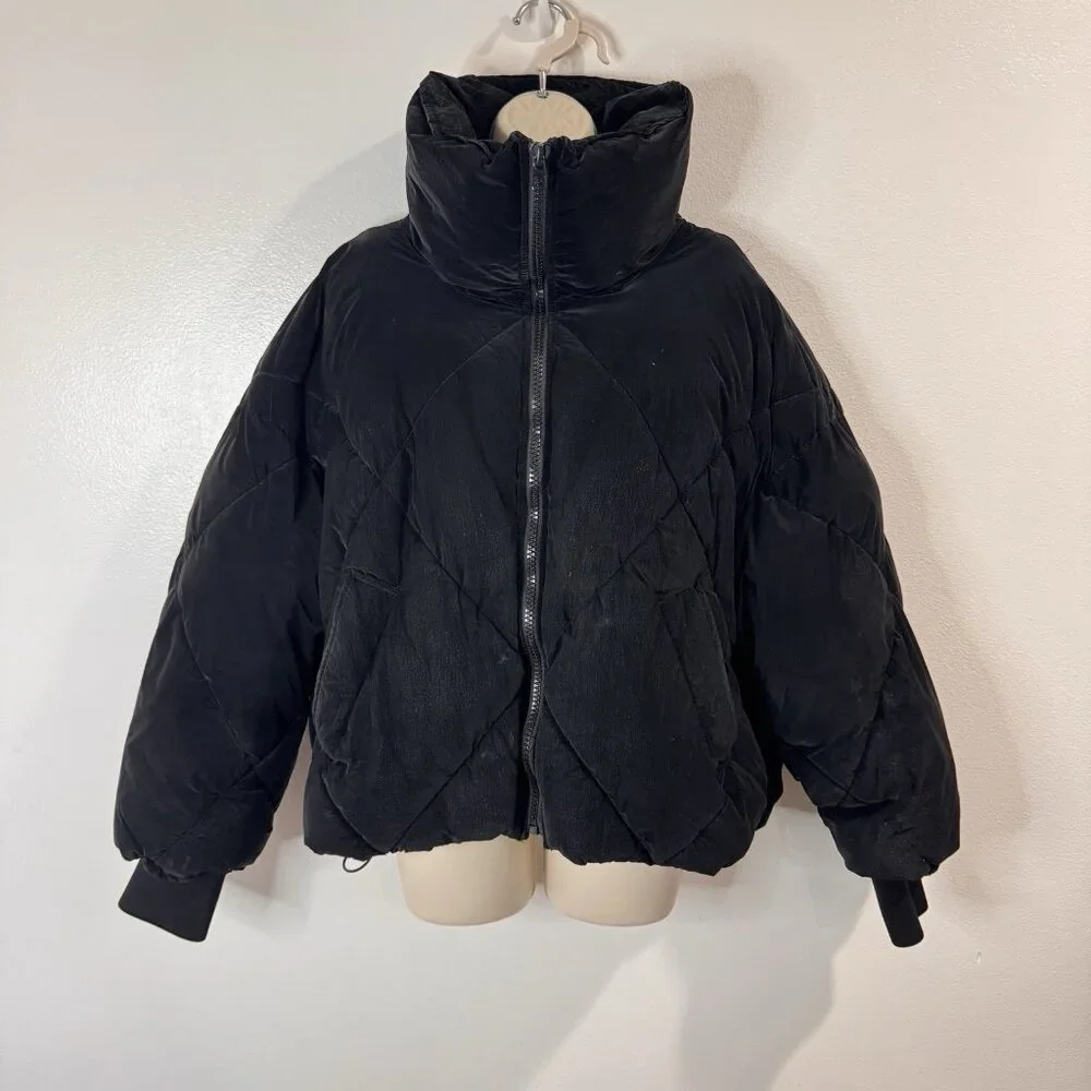 Zara Puffer Coat Jacket Womens M Black Quilted Wax Crop Oversized Winter - Picture 1 of 12